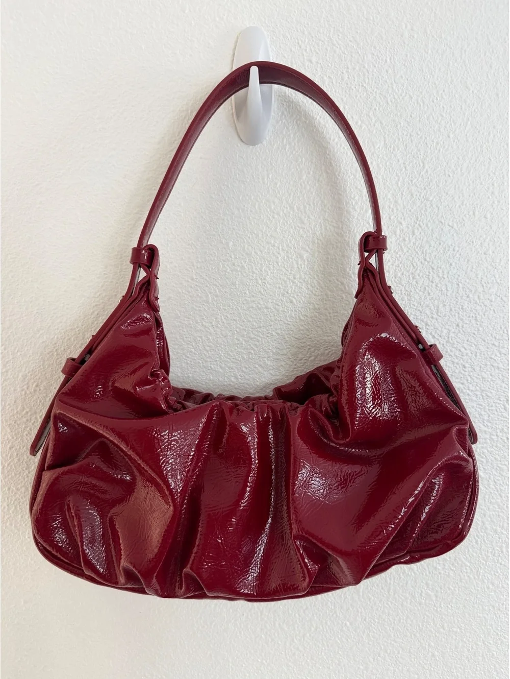 Zara Ruched Scrunched Red Patent Faux Leather Shoulder Bag